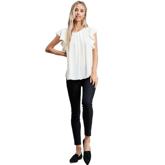 Array Blouse M Ivory Flutter Sleeve Gathered Pleated Neckline NEW - Picture 6 of 6